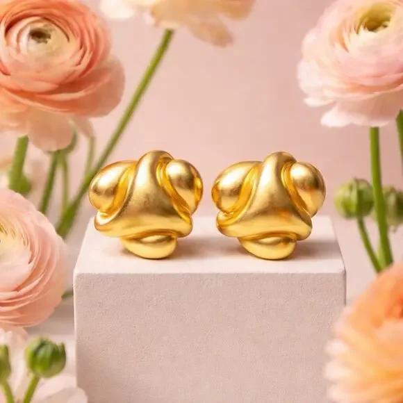 Vintage KJL Kenneth LANE Satin Gold Clip Earrings Runway Modernist L110c - Picture 2 of 8